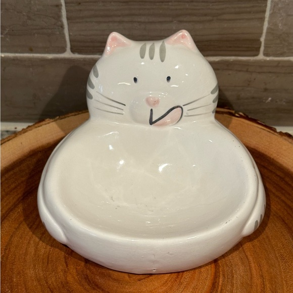 Other - White Ceramic Cat Bowl w/ Grey & Pink accents  6” x 4”